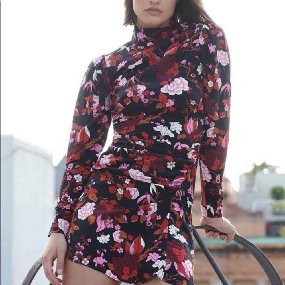 A.L.C. Marcel Floral Print Dress Black Red Silk Midi High Neck Long Sleeves